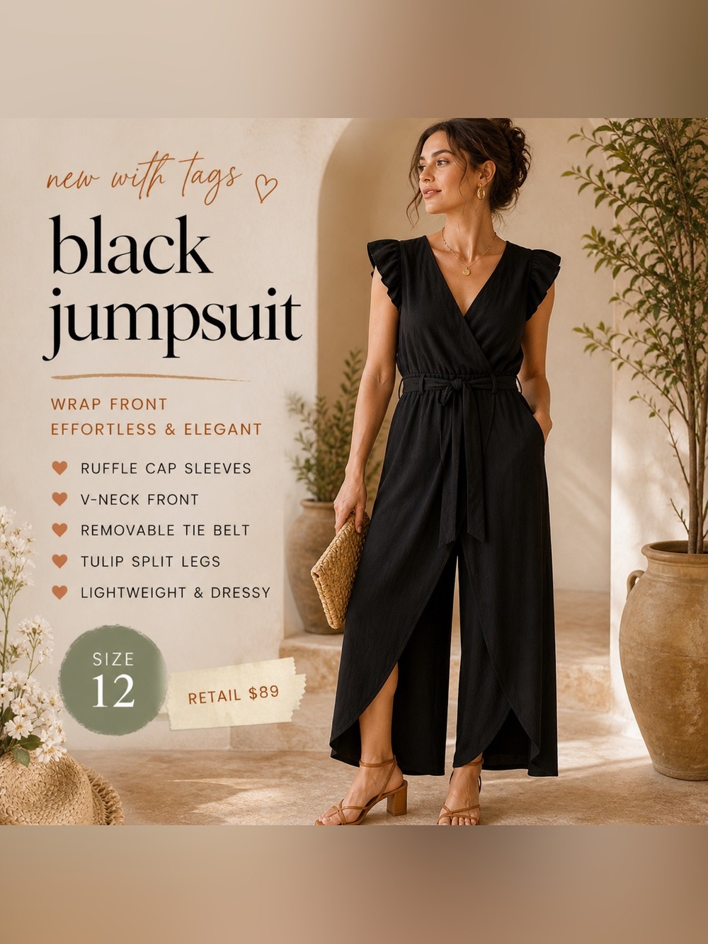 Black Wrap Front Jumpsuit Sz 12 NWT Ruffle Sleeve Wide Leg Tulip Hem Belted